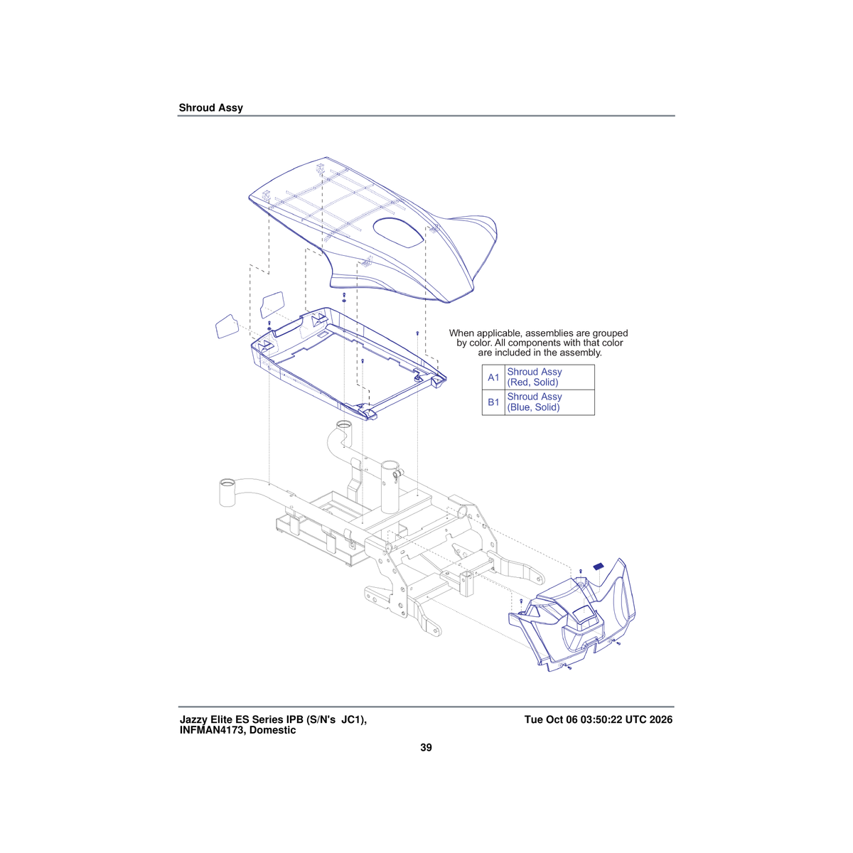 Pride Mobility SHDASMB6363 blue shroud assembly solid color jazzy select elite gen 2 parts diagram