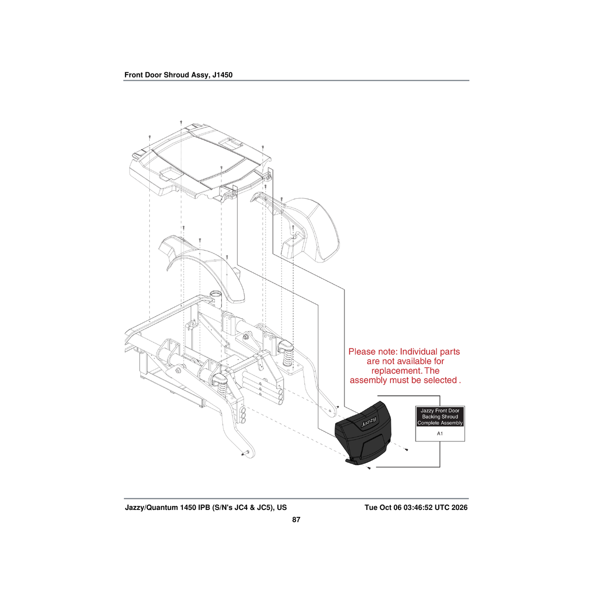 Pride Mobility SHDASMB6406 front door backing with inch jazzy inch logo shroud assembly jazzy1450 c-1660-056 parts diagram