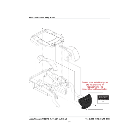 Pride Mobility SHDASMB6406 front door backing with inch jazzy inch logo shroud assembly jazzy1450 c-1660-056 parts diagram