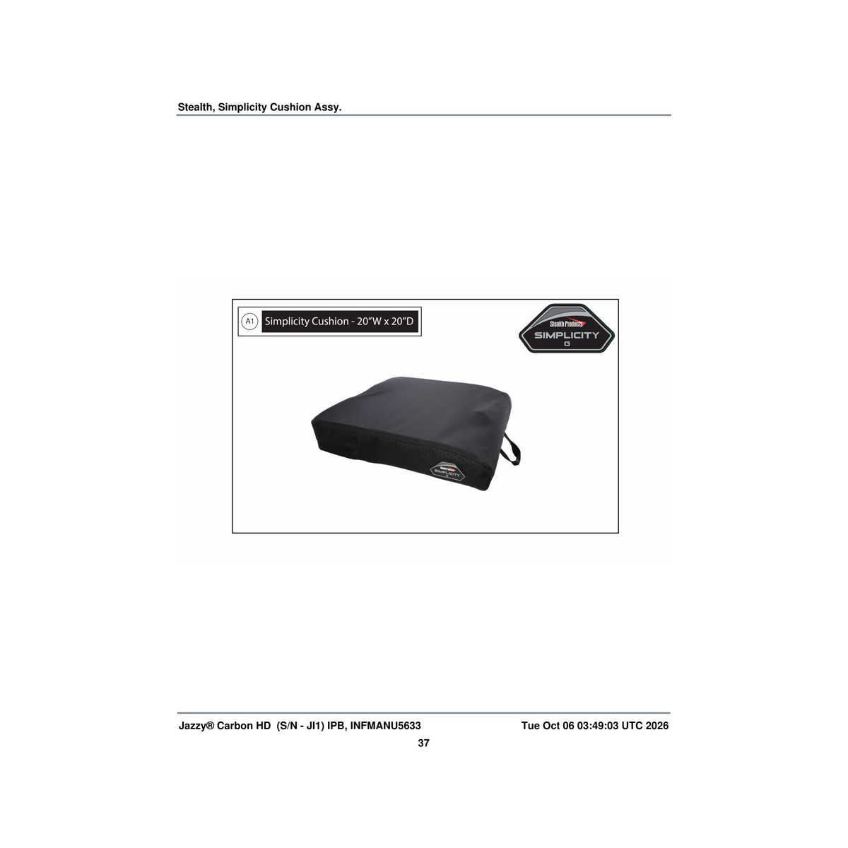 Pride Mobility SIM-NNT2020 stealth cushion assembly simplicity general use 20 inch w 20 inch d no top foam no liner s parts d