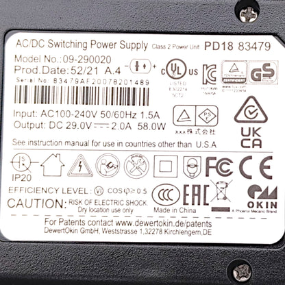 product label of Okin switching power supply. Shows Okin part Number: PD18 83479 & Model Number: 09-290020