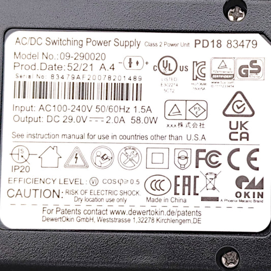 product label of Okin switching power supply. Shows Okin part Number: PD18 83479 & Model Number: 09-290020