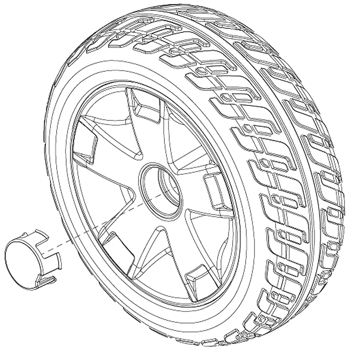 Pride Mobility (WHL1705271-A), 11 inch wheel assembly, black tire, PPW-SIL-05 rim and cap, for 4-wheel VA Victory 10 scooters.