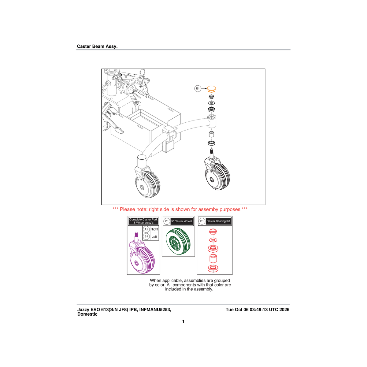 Pride Mobility WHL2102732-A 5 inch caster assembly right black tire / black rim parts diagram