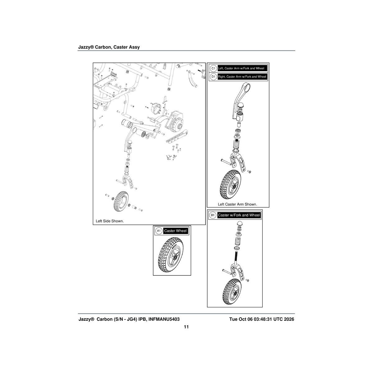 Pride Mobility WHL2200191 caster with fork and wheel jazzy carbon (innuovo:5515-pa-004) parts diagram