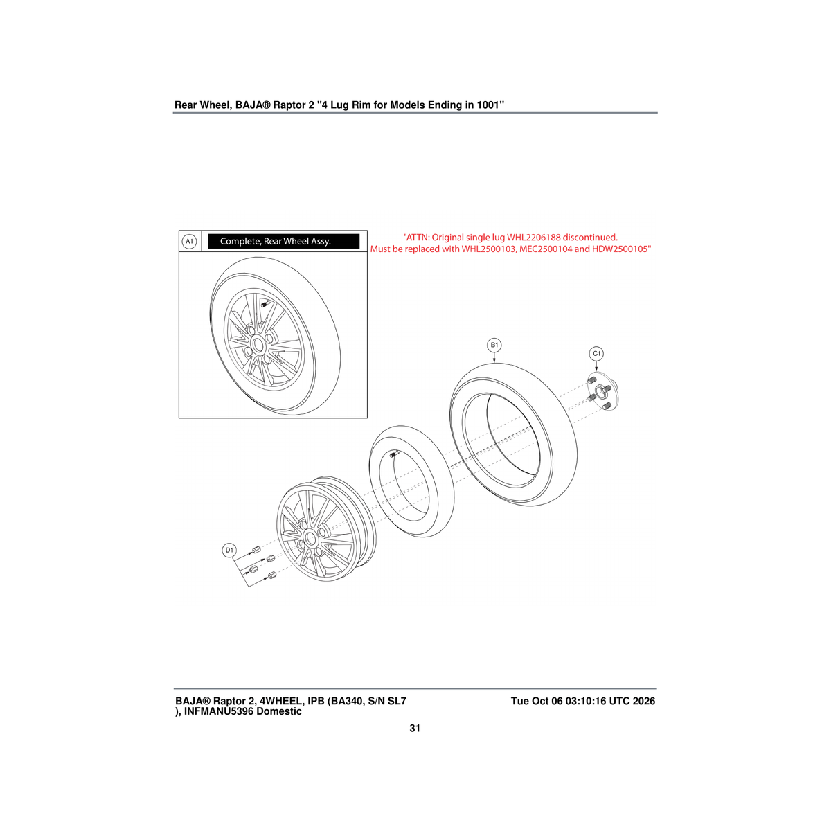 Pride Mobility WHL2500103 rear wheel assembly black tire/silver rim pneumatic low parts diagram