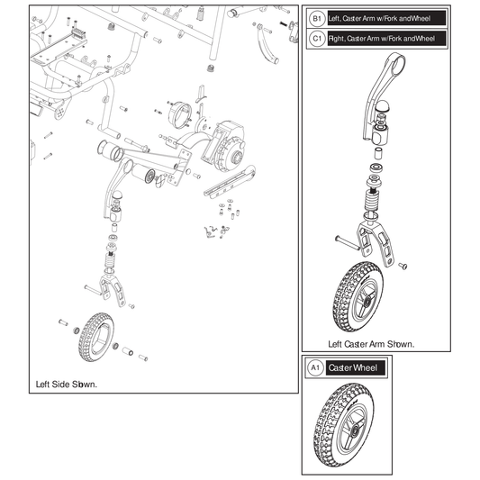 Pride Mobility WHL2502264 caster arm assembly left with fork orange spring and wheel parts diagram