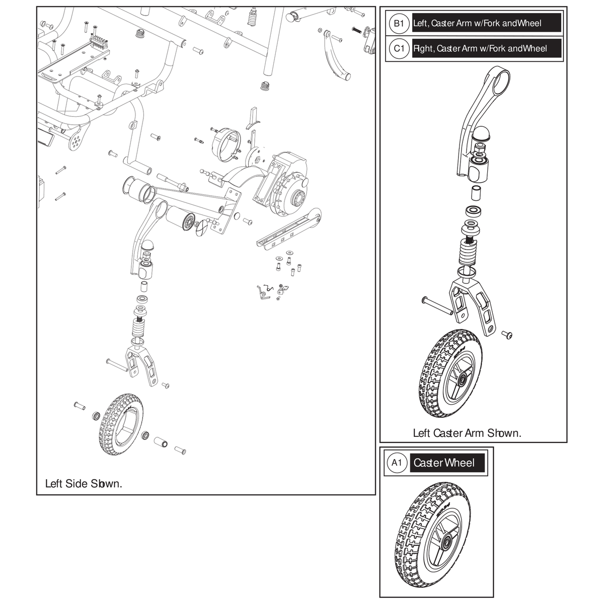 Pride Mobility WHL2502265 caster arm assembly right with fork orange spring and wheel parts diagram