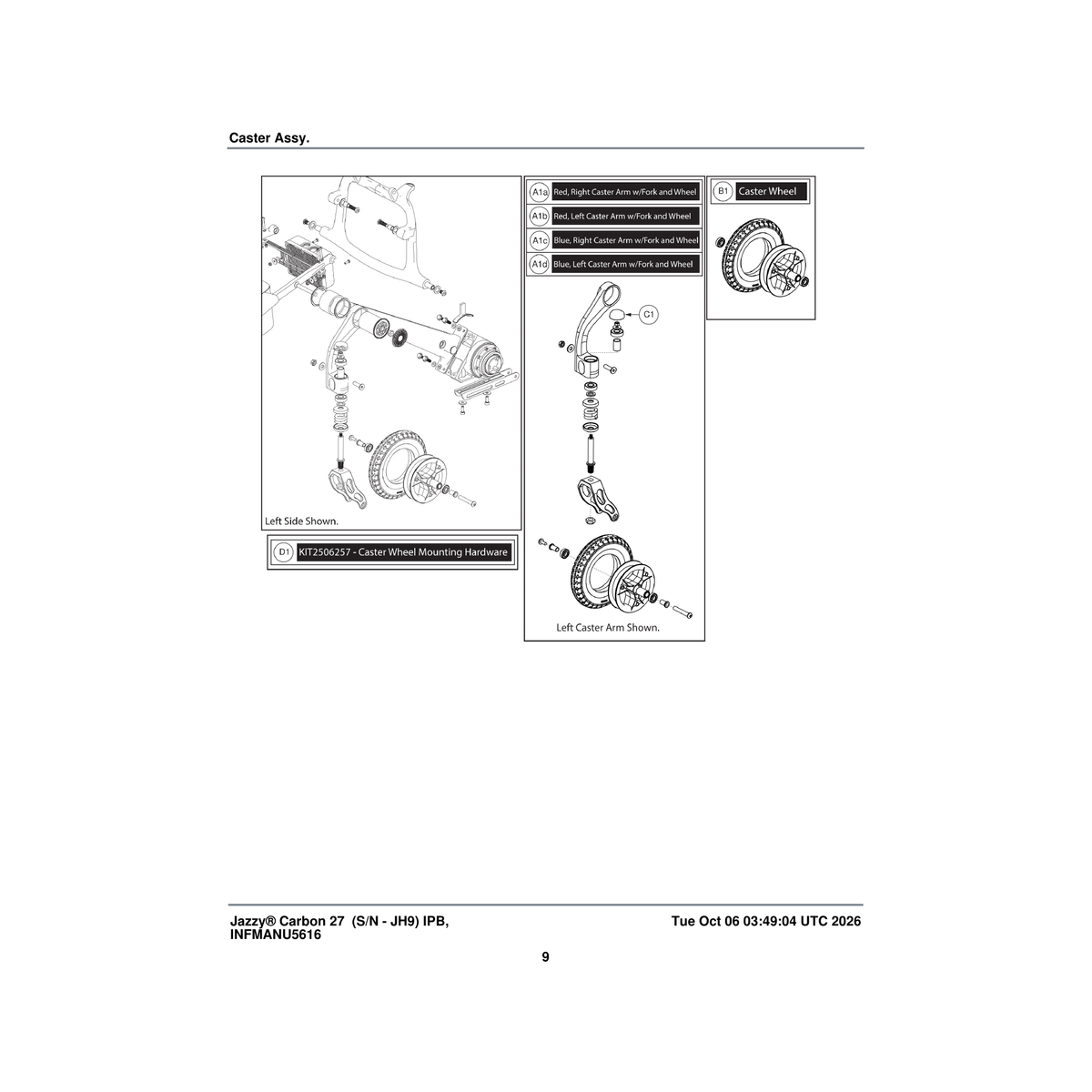 Pride Mobility WHL2506255 caster wheel with mounting hardware& hub (innuovo: l0100957) parts diagram