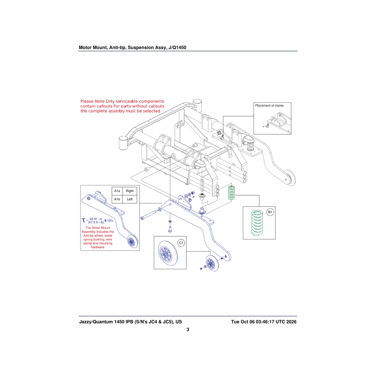 Pride Mobility WHLASMB1523 anti-tip wheel assembly 100mm od x 23.76mm th with bearings & spacer c-1505-032 parts diagram