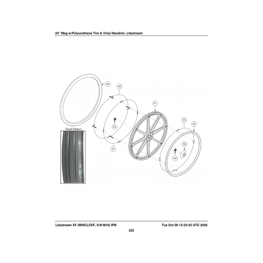 Pride Mobility WHLASMB1758 polyurethane wheel assembly 24'' x 1.375'' with vinyl coated parts diagram