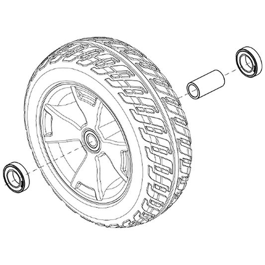 Pride Mobility (WHLASMB1781), 10.4 inch front wheel assembly with black tire, silver rim, bearings and spacer.