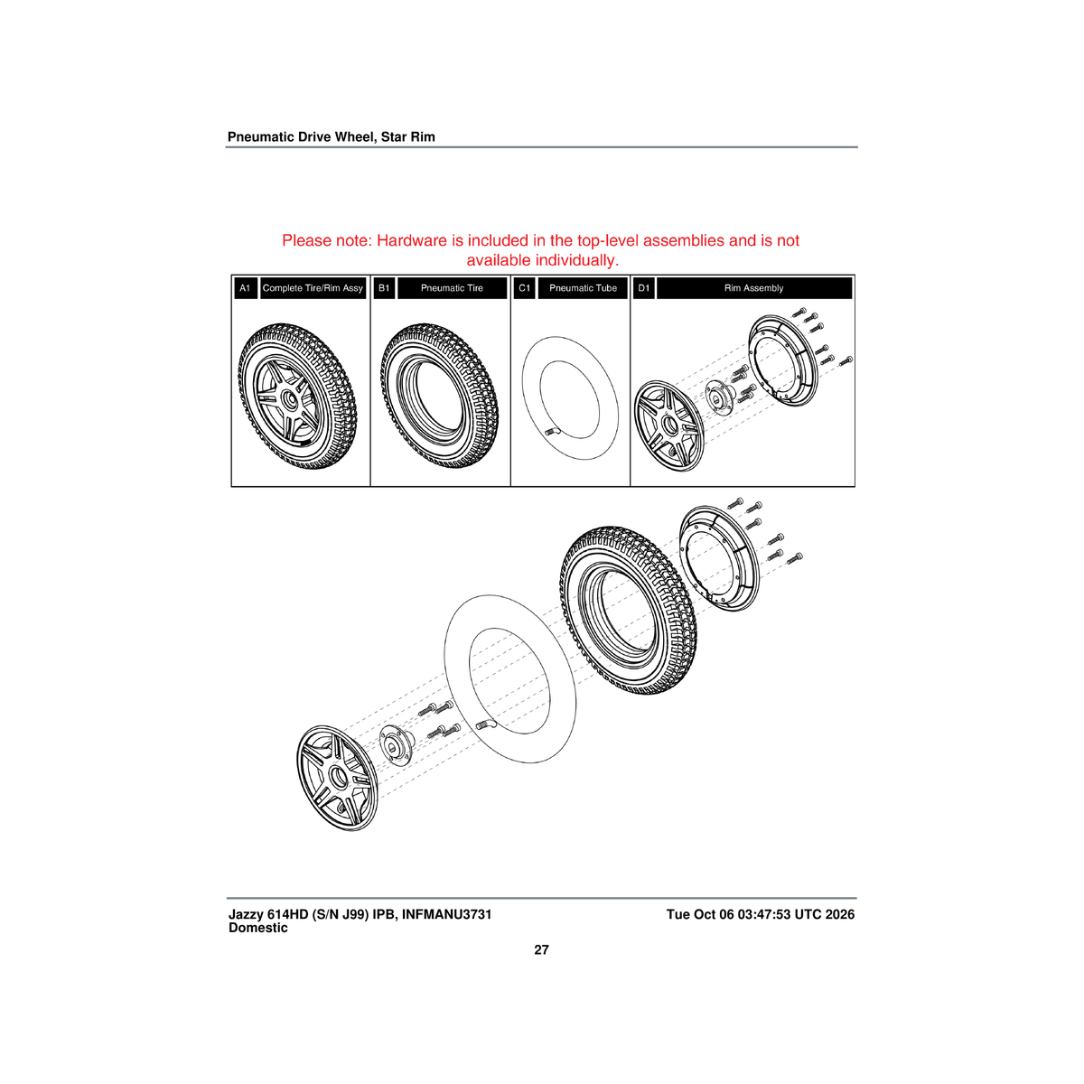 Pride Mobility WHLASMB1810 pneumatic drive wheel wheel assembly 3.00 x 8 inch with star rim e-1203-016 parts diagram