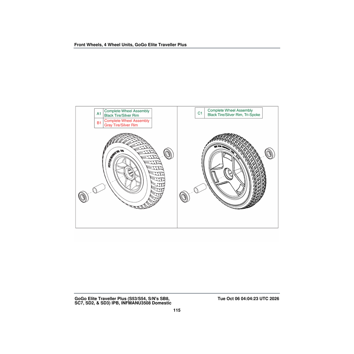 Pride Mobility WHLASMB1832 flat-free wheel assembly silver rim/black tire 4 wheel front complete parts diagram