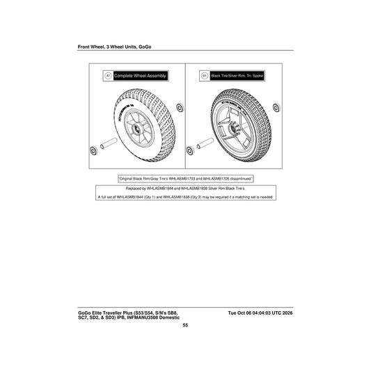 Pride Mobility WHLASMB1844 flat-free wheel assembly silver rim/black tire 3 wheel 2 x 8 inch front complete parts diagram