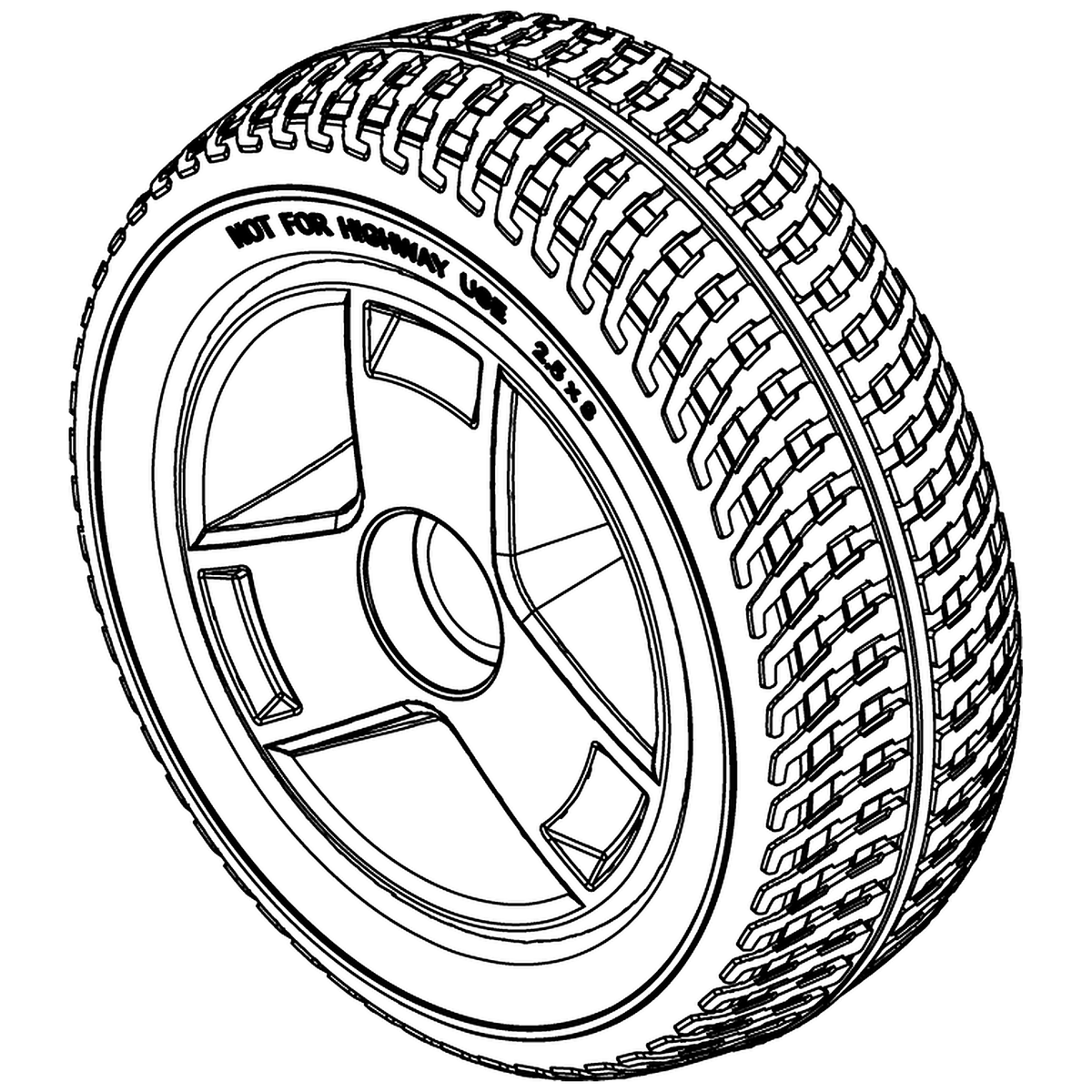 Pride Mobility (WHLASMB1864), PU foam tri-spoke rear wheel assembly, 2.5 x 8 inch, silver rim and black tire.