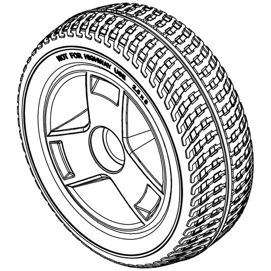 Pride Mobility (WHLASMB1864), PU foam tri-spoke rear wheel assembly, 2.5 x 8 inch, silver rim and black tire.