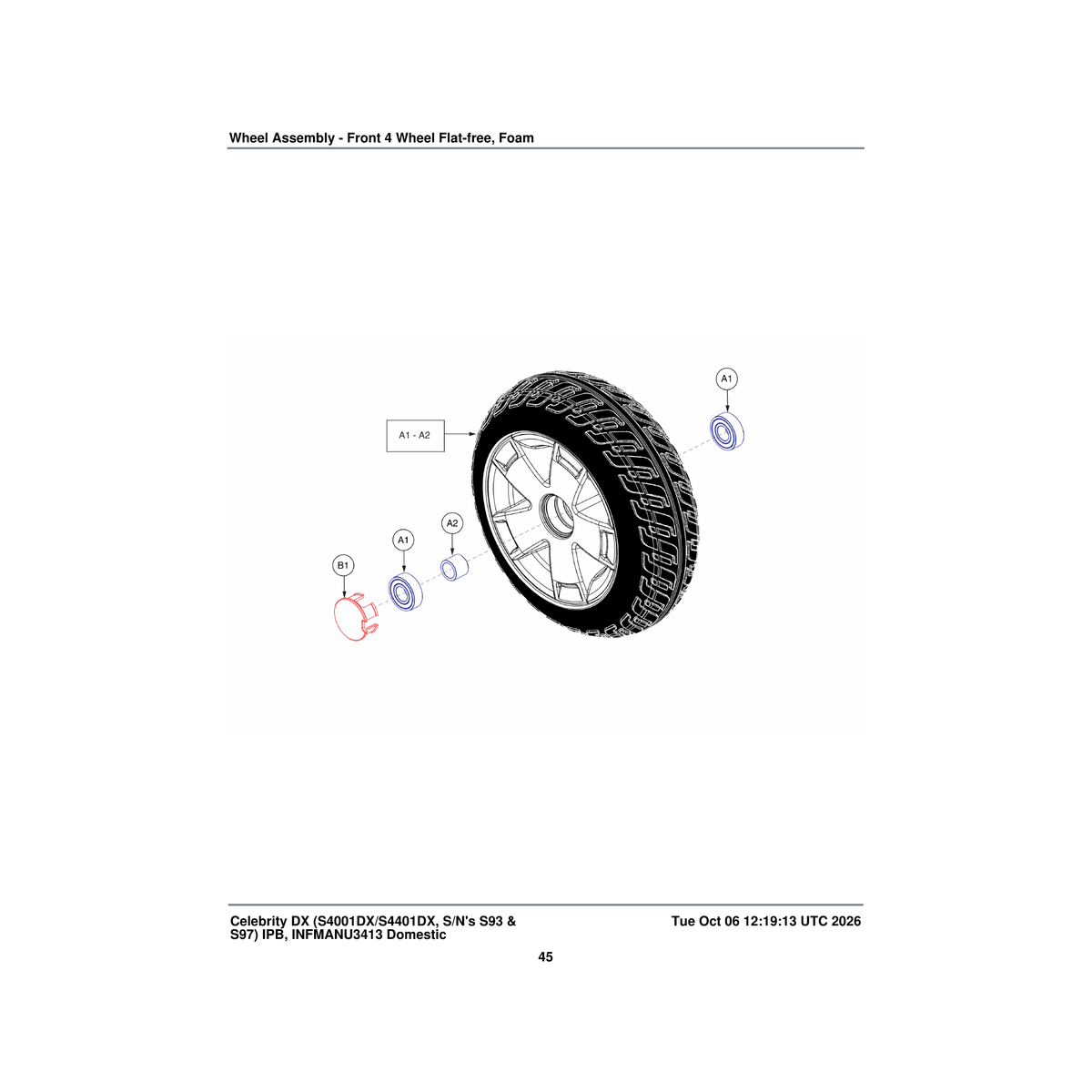 Pride Mobility WHLASMB1883 polyurethane foam wheel assembly silver rim/black tire 4 parts diagram