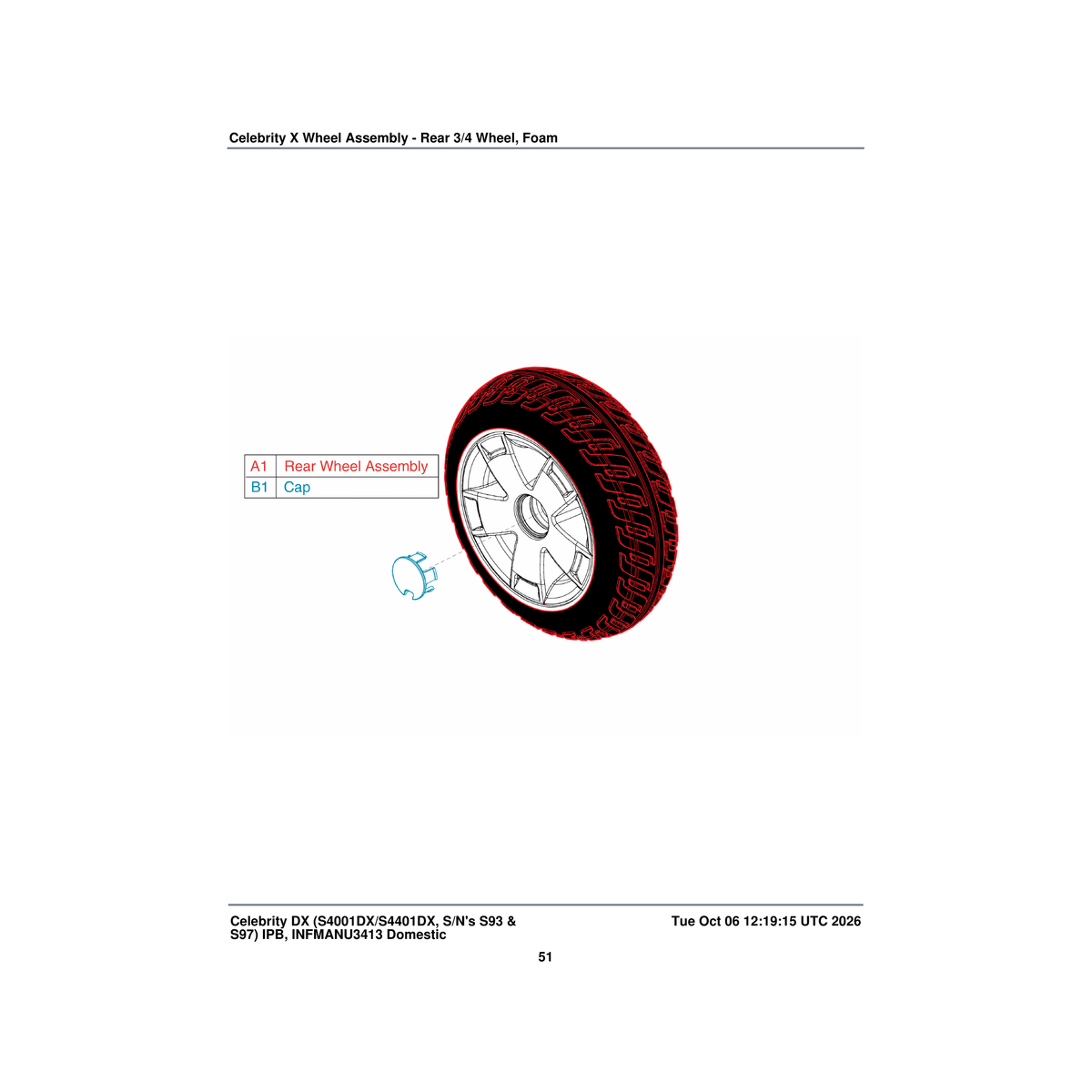 Pride Mobility WHLASMB1884 polyurethane foam wheel assembly silver rim/black tire 3/4 parts diagram