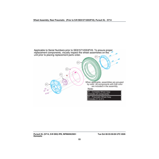 Pride Mobility WHLASMB2112 wheel rear pneumatic black tire/silver rim 13 inch with tapered hub parts diagram