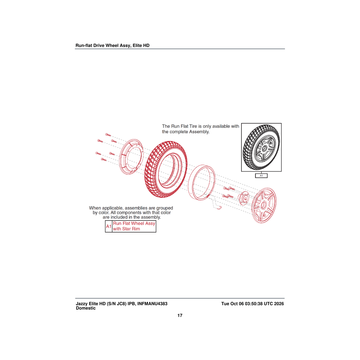 Pride Mobility WHLASMB2187 run flat wheel assembly black 14 inch with star rim e-1203-060 parts diagram