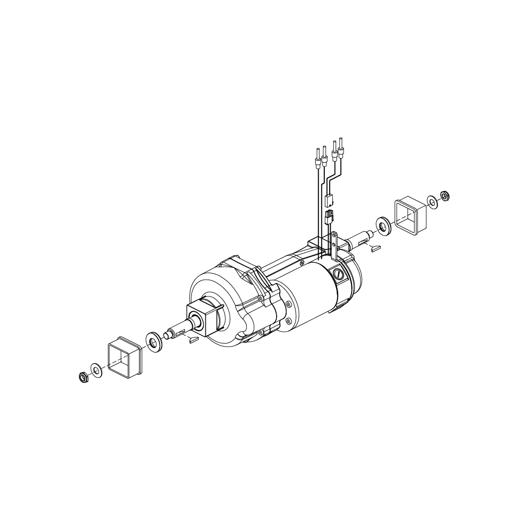 Pride DRVASMB2454 transaxle motor with brake, shown with axle keys, washers and hex nuts