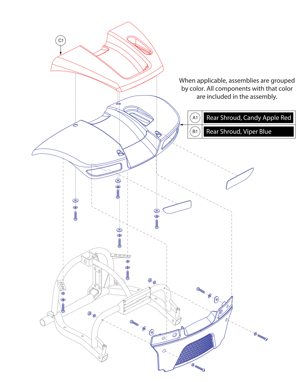 Pride IPB parts diagram showing Rear Body Shroud Assembly, Candy Apple Red, part number DGN1800538