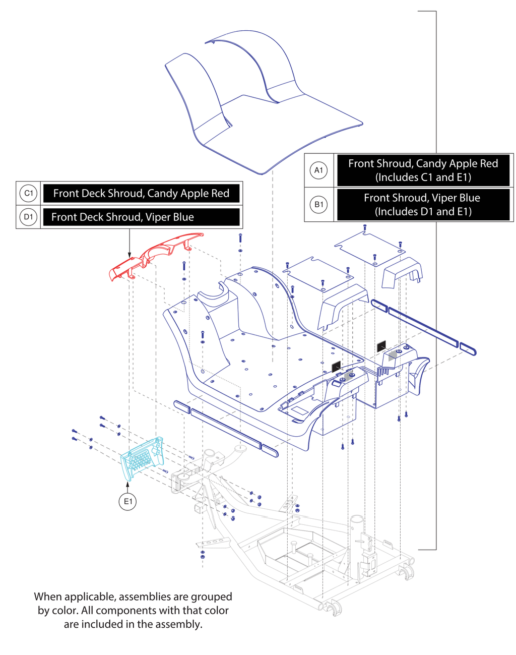 Pride IPB parts diagram showing Front Body Shroud Assembly, Viper Blue, 4-Wheel, part number DGN1800547