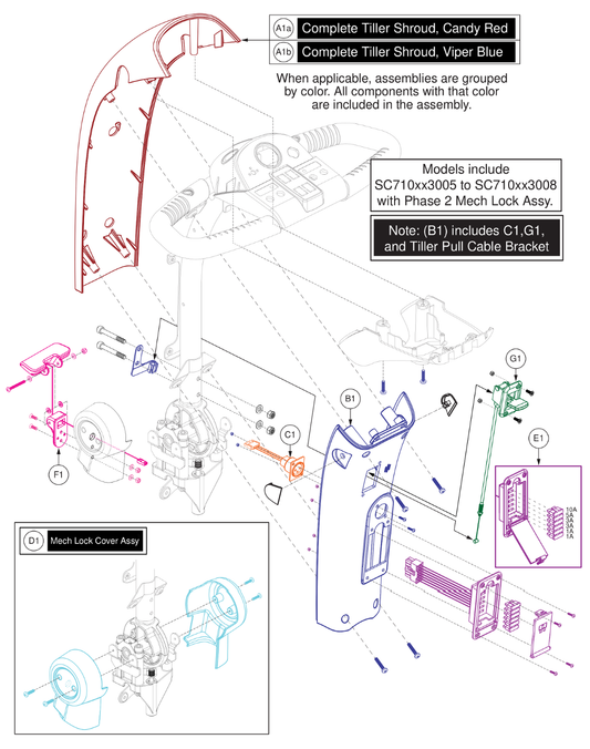 Pride IPB parts diagram showing Rear Tiller Shroud Assembly, Black, with Yellow Tiller Lever, part number DGN1909702-Y