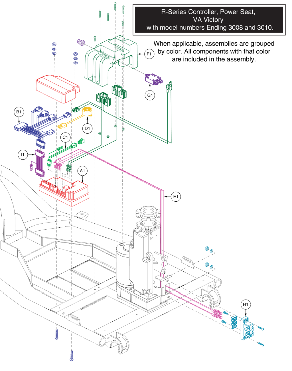 Pride IPB parts diagram showing Battery Connection Assembly with 40 Amp Circuit Breaker, R-Series Power Seat, part number ELE