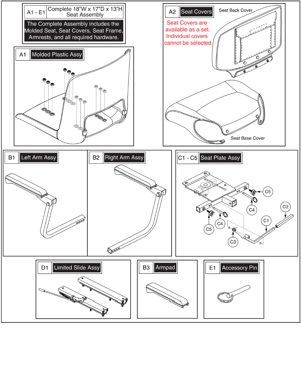 Pride IPB parts diagram showing Black Armrest Assembly, Left, for Molded Plastic Seat, part number FRMASMB12300