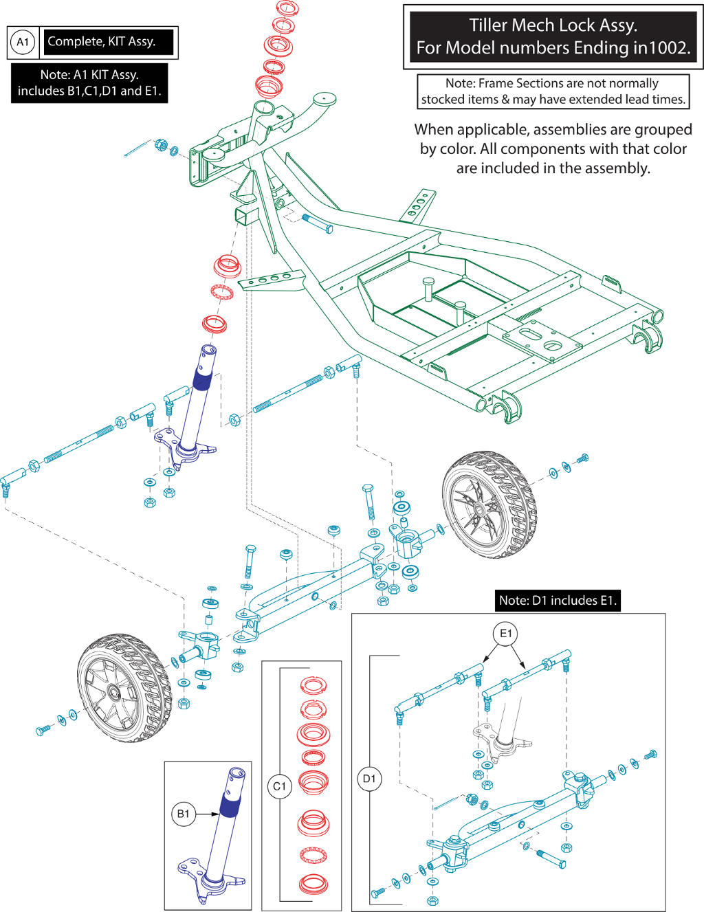 Pride IPB parts diagram showing 10 Inch Front Frame Kit, 4-Wheel, Dynamic, SC710 Power Seat Phase 2, part number KIT2004899