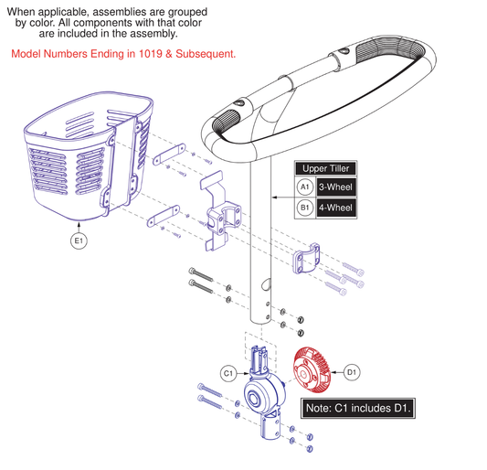 Pride IPB parts diagram showing Delta Tiller Assembly, Standard 3-Wheel, part number MEC1801250