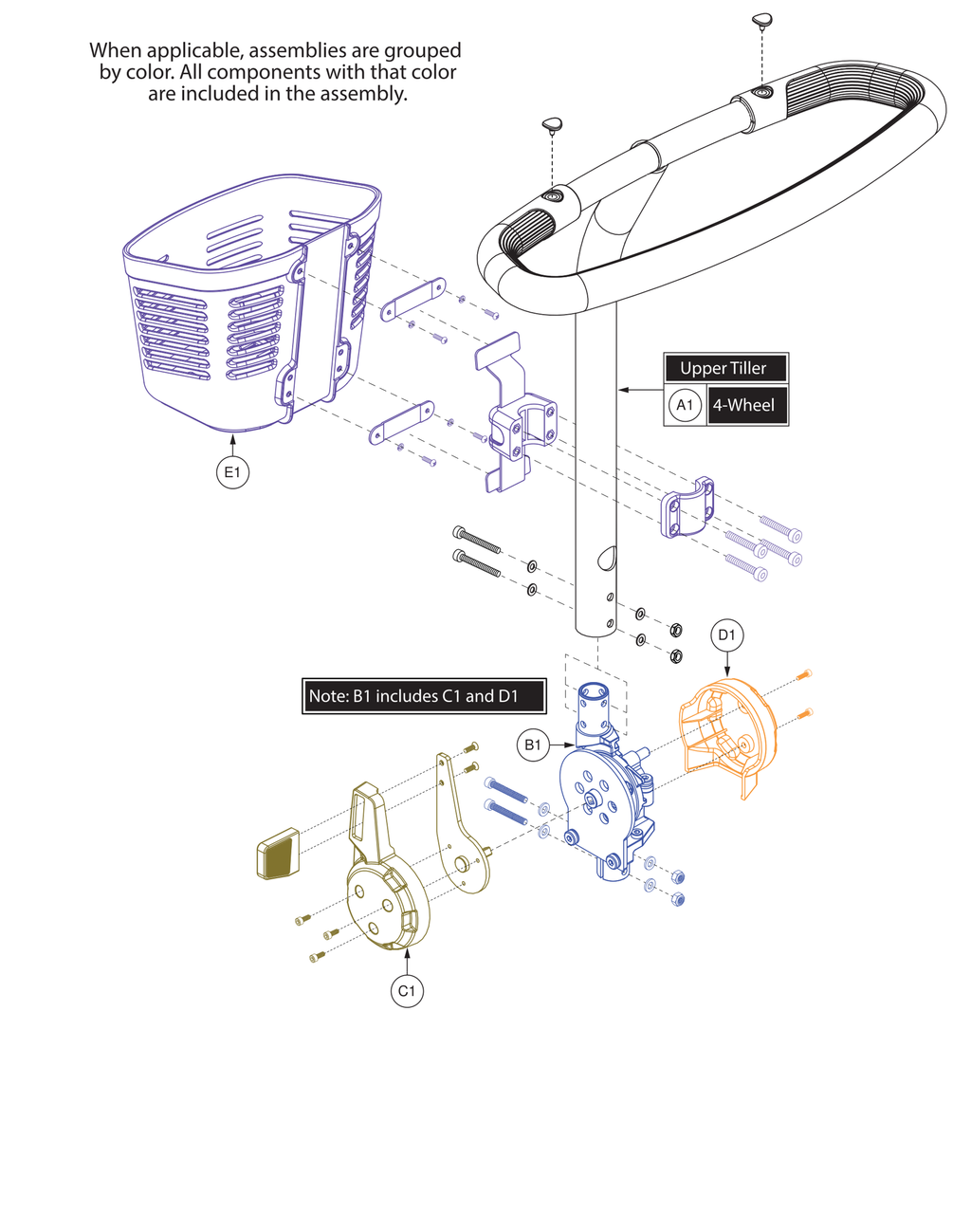 Pride IPB parts diagram showing Delta Tiller Assembly, Standard 4-Wheel, part number MEC1801626