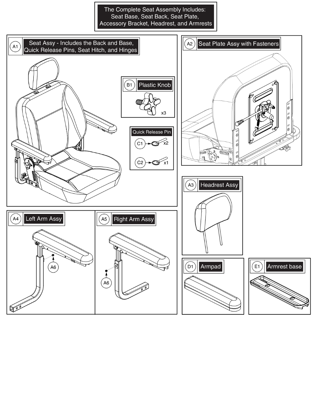 Pride IPB parts diagram showing CRS 20 High-Back Seat Assembly, Black Vinyl, 20 in x 20 in, part number SET1800951