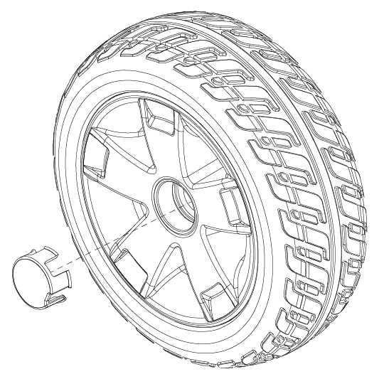 Pride Mobility 11 Inch Wheel Assembly, Black Tire, PPW-SIL-05 Rim and Cap part number WHL1705271-A, parts drawing