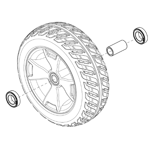 Pride Mobility Front Wheel Assembly, Black Tire, Silver Rim, 10.4 in, 3-Wheel Heavy Duty part number WHLASMB1781, parts drawi