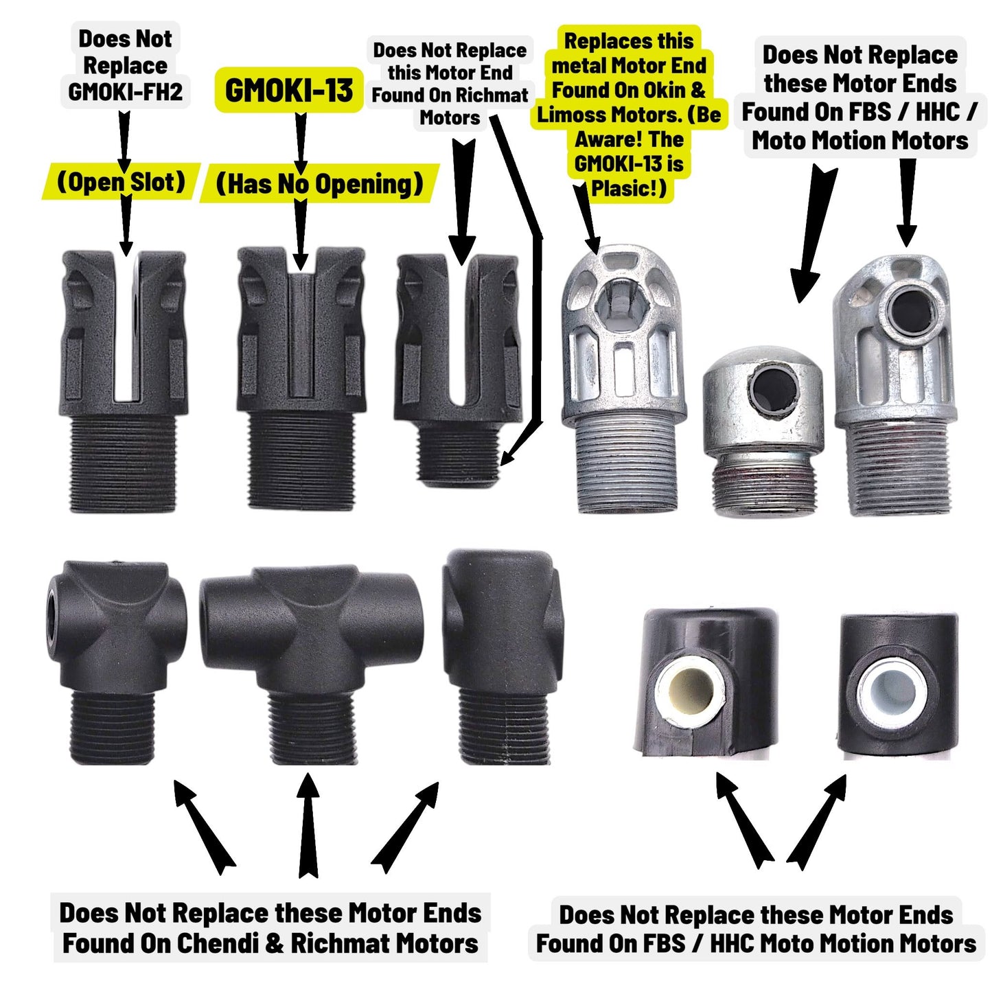 shows 2 Fork Heads / Motor Ends that the MOI-13 replaces and 9 that is does not replace with details