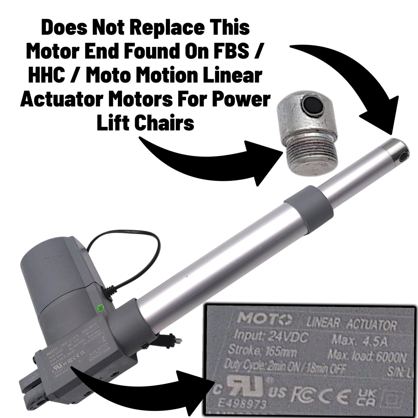 shows a closeup of a front motor end / Clevis often found on actuators made by Moto Motion, HHC, and FBS.