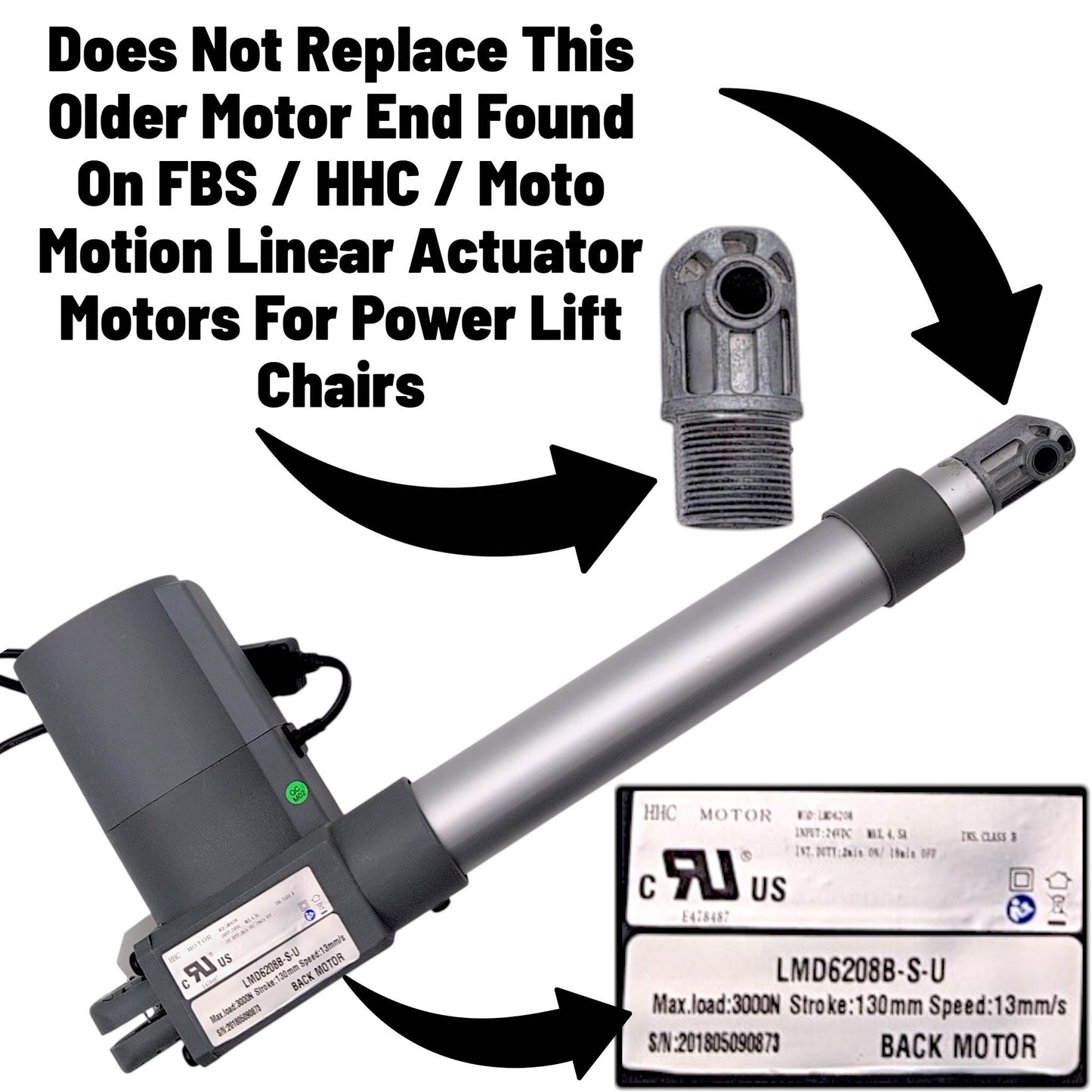 shows a closeup of a front motor end / Clevis often found on older actuators made by HHC, FBS, and Moto Motion