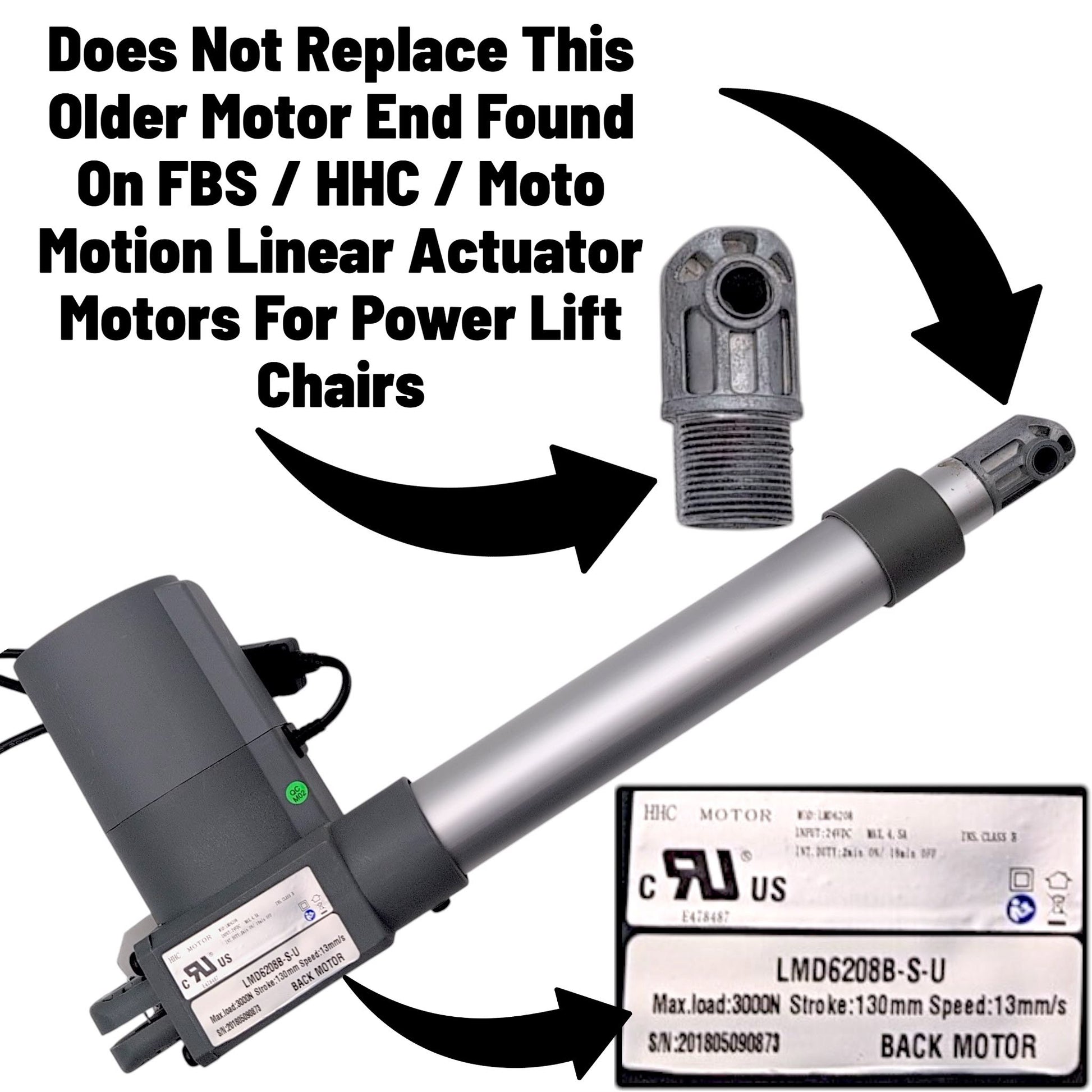 shows a closeup of a front motor end / Clevis often found on older actuators made by HHC, FBS, and Moto Motion