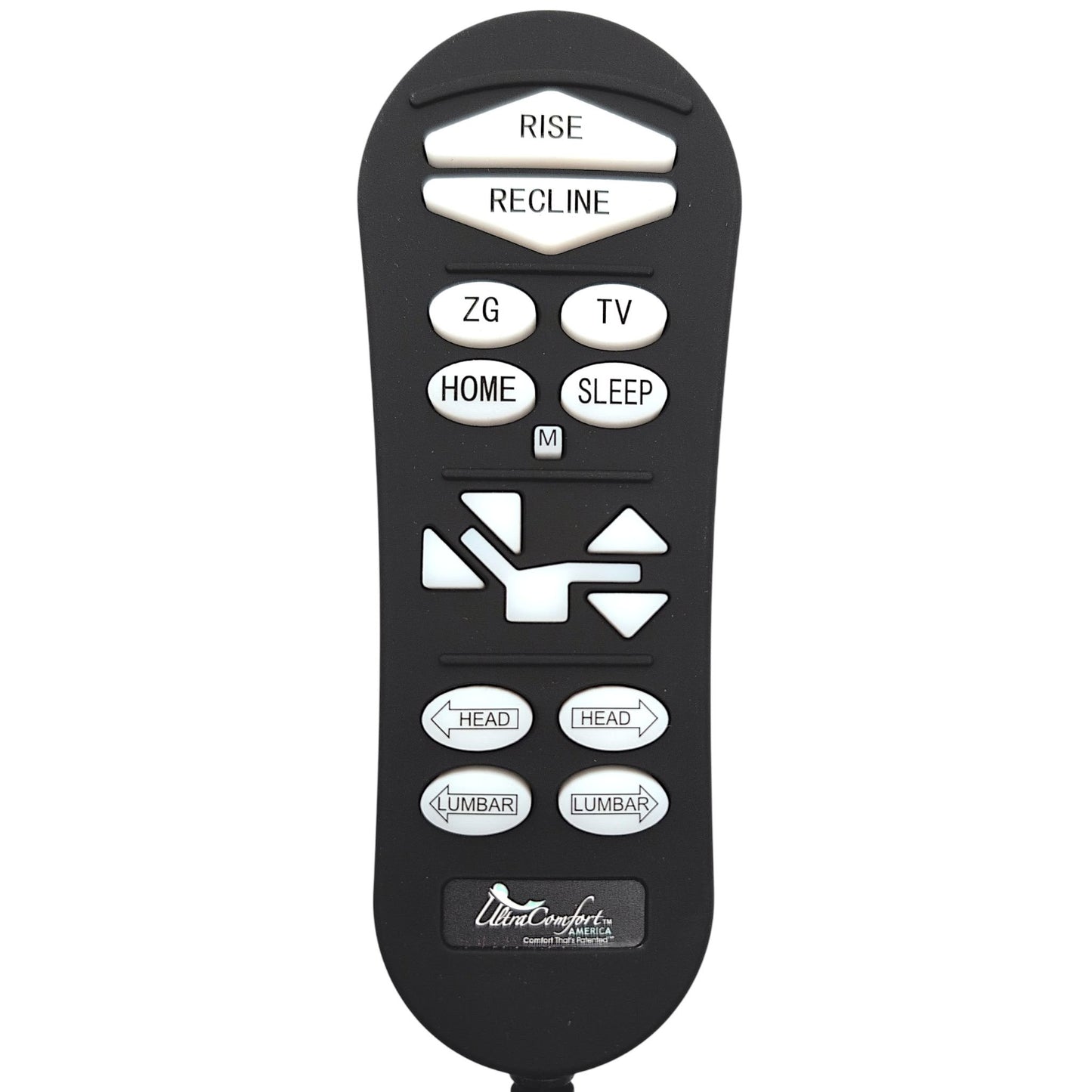 15-button power recliner remote featuring Rise, Recline, Zero Gravity, TV,  Sit, Sleep, Memory, Back, Leg, Head, and Lumbar controls.