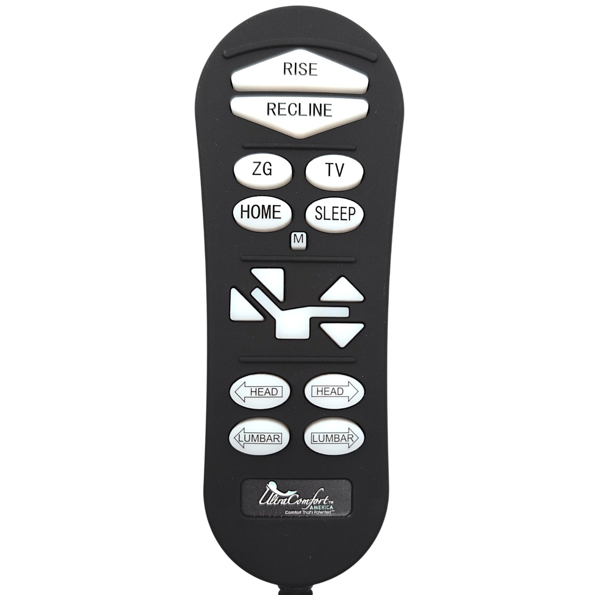 15-button power recliner remote featuring Rise, Recline, Zero Gravity, TV,  Sit, Sleep, Memory, Back, Leg, Head, and Lumbar controls.