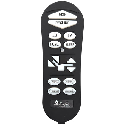 15-button power recliner remote featuring Rise, Recline, Zero Gravity, TV,  Sit, Sleep, Memory, Back, Leg, Head, and Lumbar controls.