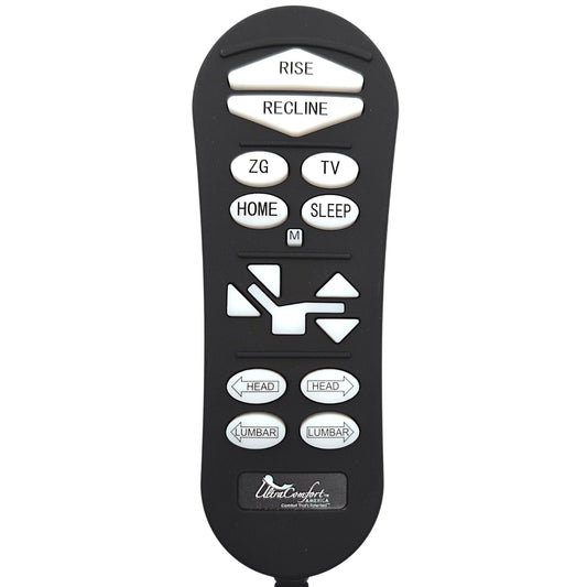 15-button power recliner remote featuring Rise, Recline, Zero Gravity, TV,  Sit, Sleep, Memory, Back, Leg, Head, and Lumbar controls.