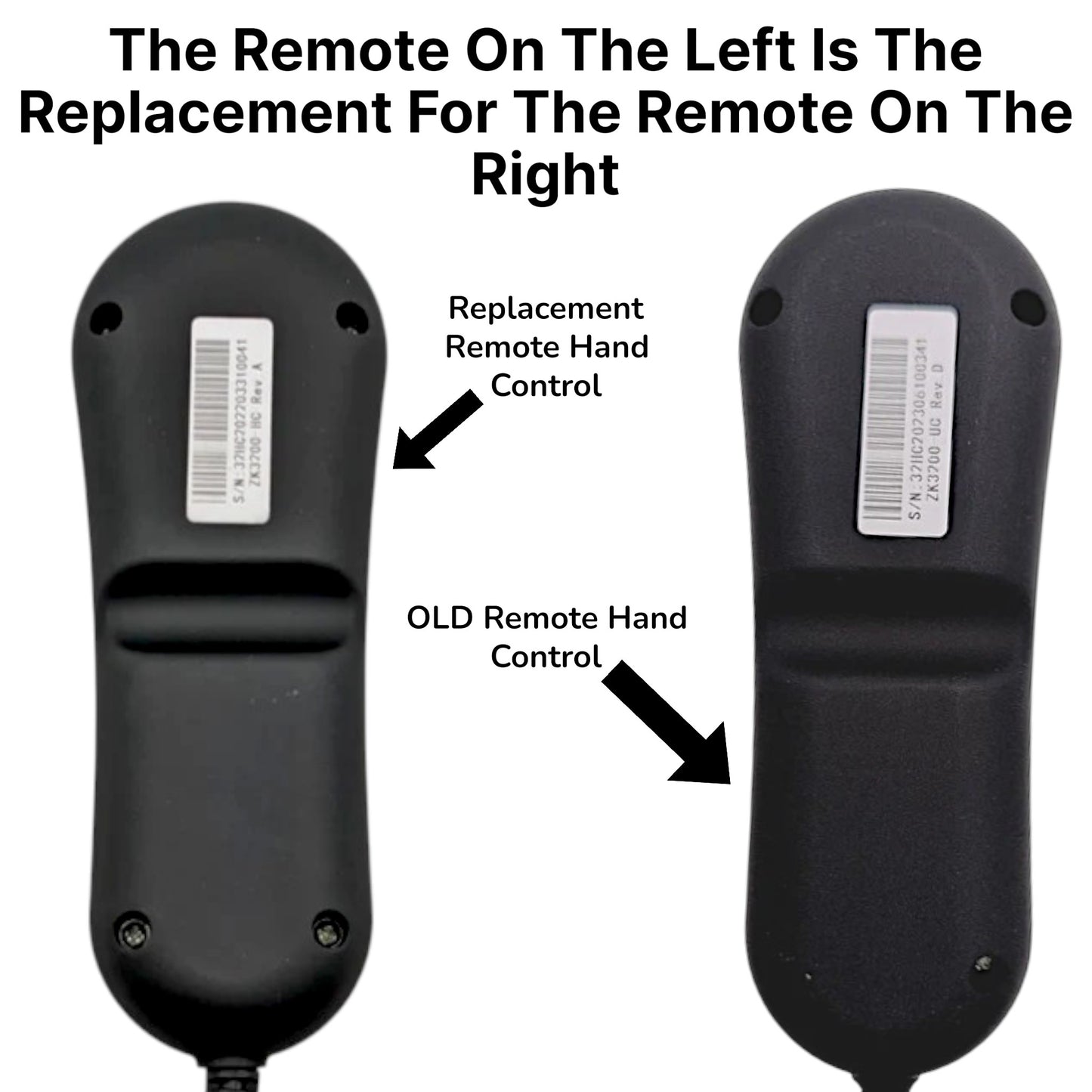 the back of the original remote on the right and the back of the replament on the left. States:"The remote on the left is the replacment for the remote on the right". Arrowing pointing to the left remote stating:"Replacment Hand Control". Another arrow pointing to the remote on right, states:"Old Remote Hand Control".