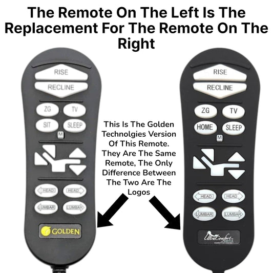 the original remote on the right and the replacment on the left. States:"The remote on the left is the replacment for the remote on the right". Also States:"This is the golden technologies version of this remote. They are the same remote, the only difference between the two are the logos". Then there are two arrows pointing to the arrows.