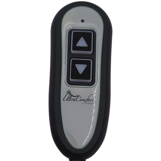 closeup front view of the remote hand control. One LED. One USB. Two Buttons with arrows for up/down. Logo stating:"Ultra Comfort America"