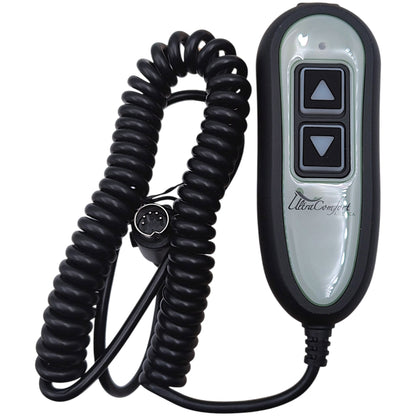 front of 2-button remote hand control with the cord wound up and the 5-pin connectors pins in clear view