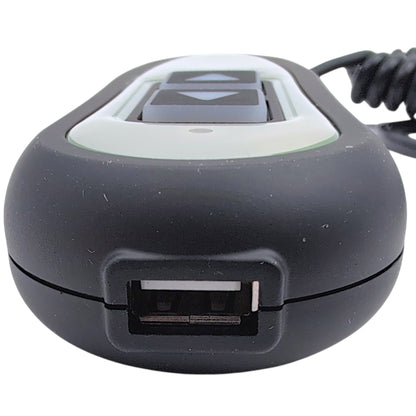 Top of the 2-button remote hand control. Closeup on the USB charging port.